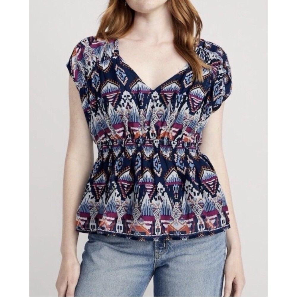 Old Navy Ikat Scandi Waist-Defined Printed Dolman-Sleeve Top Blue Sz XL NWT